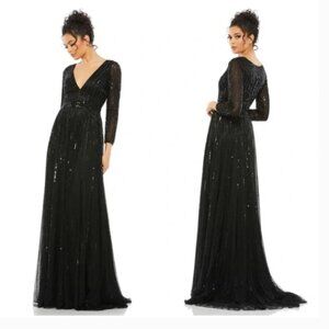 MAC DUGGAL 4977 SEQUINED V-NECK ILLUSIONS A-LINE BLACK GOWN sz 14